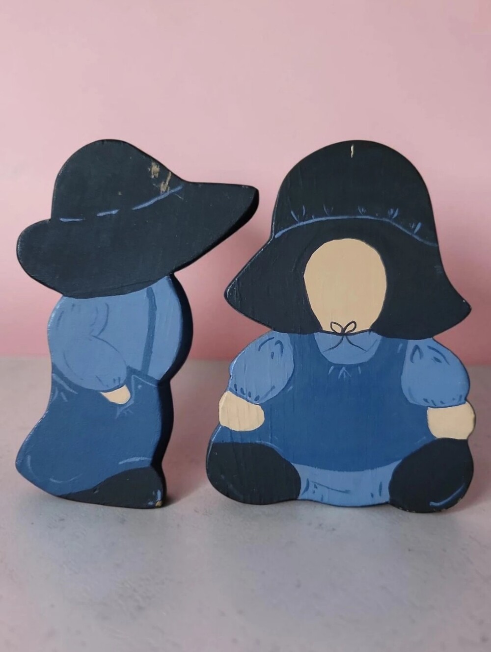 Vtg 80s Hand Crafted Wooden Faceless Amish Folk Art Dutch Boy Girl Farmers